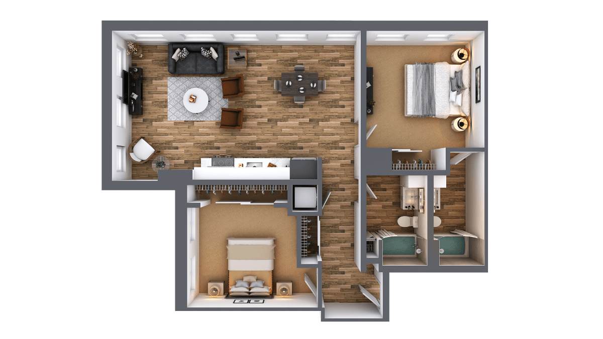 Floor plan for 2 beds, 2 baths, 1138 sqft